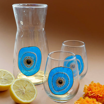 Casa Duniya's Aliya Hand-Painted Evil Eye Carafe and water Glasses 