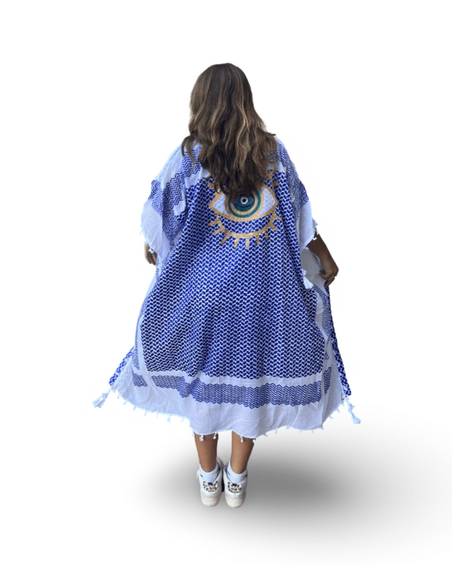 Casa Duniya Hand-Painted Cotton Beach Cover-Ups Blue with Gold Evil Eye Tyre Kaftans
