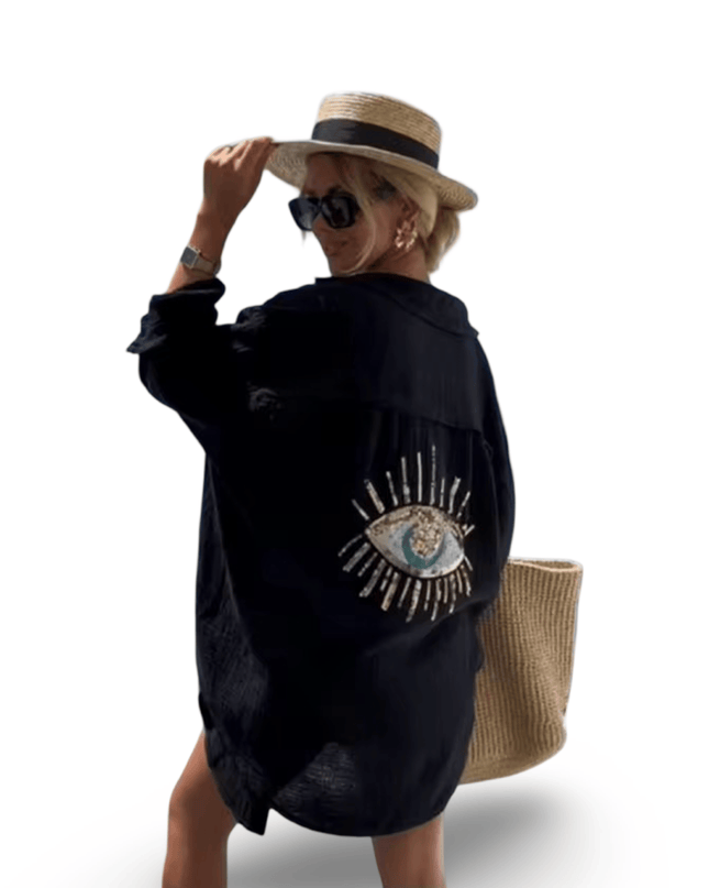 Casa Duniya Beach Cover-Ups Medium Mina Black Evil Eye Shirt