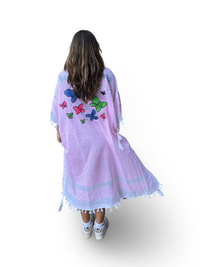 Casa Duniya Hand-Painted Cotton Beach Cover-Ups Pink with Multi-Colored Butterflies Tyre Kaftans