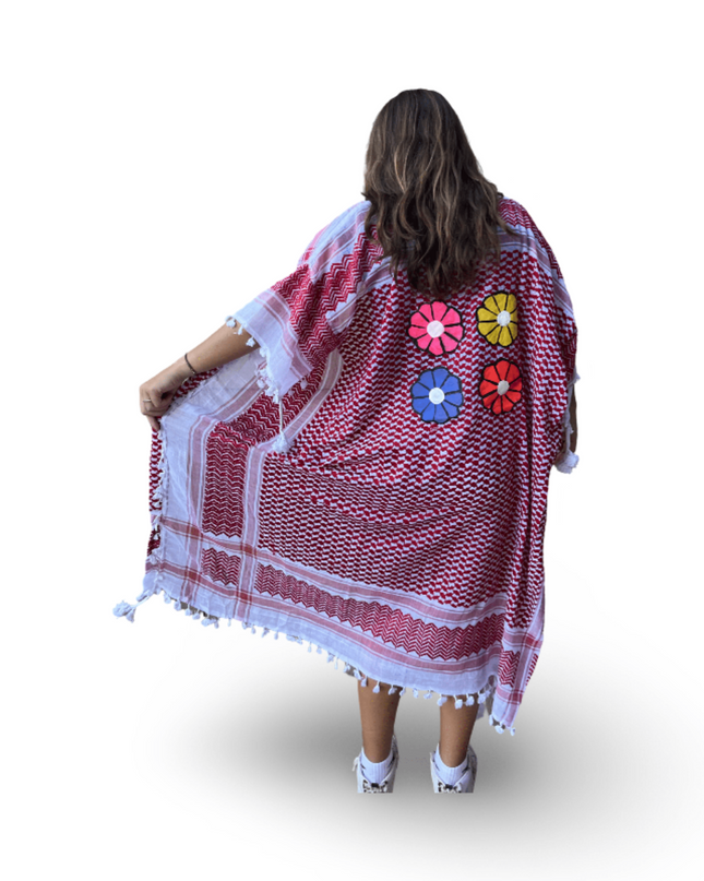 Casa Duniya Hand-Painted Cotton Beach Cover-Ups Red with Colorful Flowers Tyre Kaftans