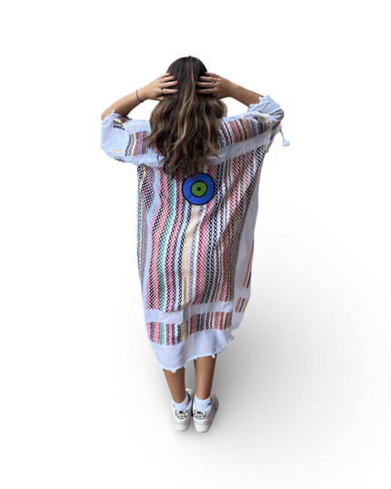 Casa Duniya Hand-Painted Cotton Beach Cover-Ups White Multi-Colored with Round Blue Eye Tyre Kaftans