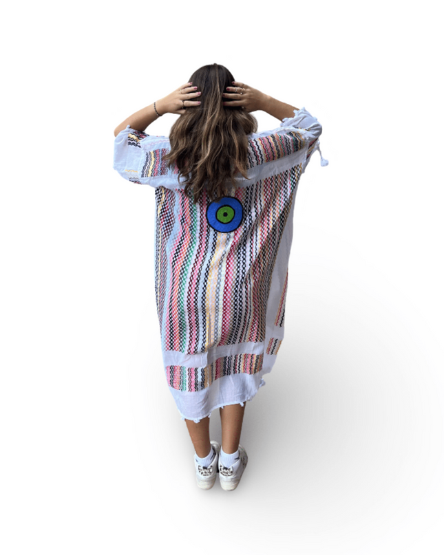 Casa Duniya Hand-Painted Cotton Beach Cover-Ups White Multi-Colored with Round Blue Eye Tyre Kaftans