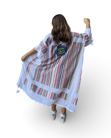 Casa Duniya Hand-Painted Cotton Beach Cover-Ups Whiter Multi-Colored with Blue Green Evil Eye Tyre Kaftans