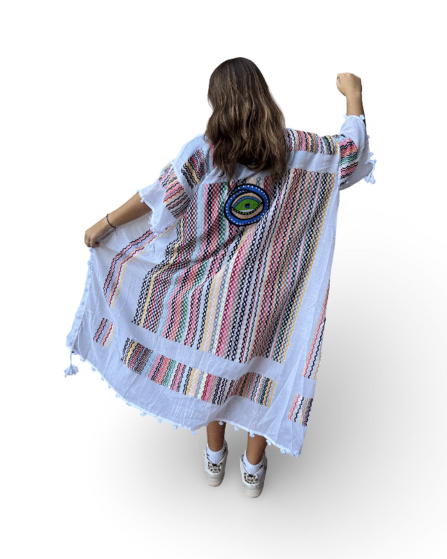 Casa Duniya Hand-Painted Cotton Beach Cover-Ups Whiter Multi-Colored with Blue Green Evil Eye Tyre Kaftans