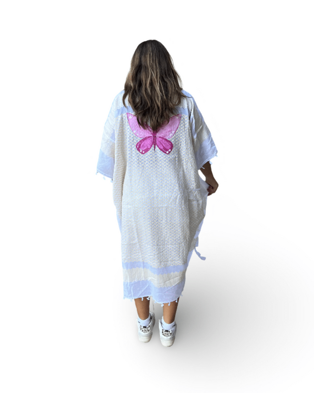 Casa Duniya Hand-Painted Cotton Beach Cover-Ups Yellow with Pink Butterfly Tyre Kaftans