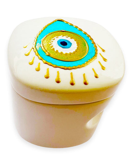Casa Duniya Ceramic Hand-Painted Evil Eye Candle Holder Pear Shaped Nazar Candle with Lid