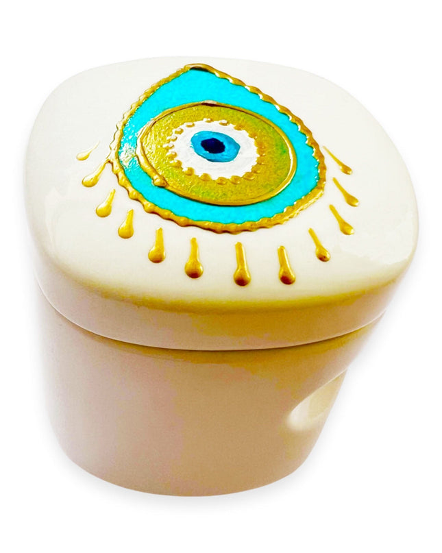Casa Duniya Ceramic Hand-Painted Evil Eye Candle Holder Pear Shaped Nazar Candle with Lid