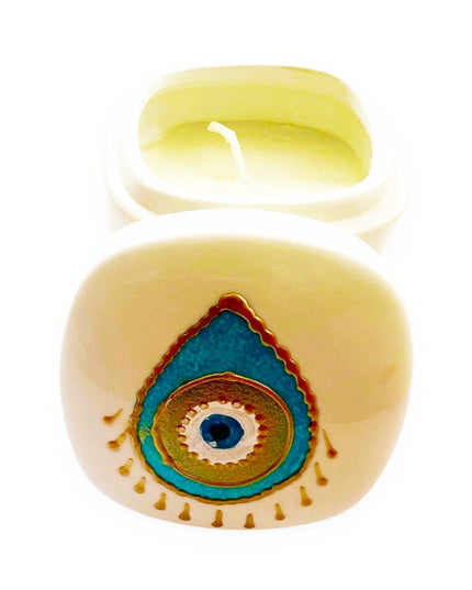 Casa Duniya Ceramic Hand-Painted Evil Eye Candle Holder Pear Shaped Nazar Candle with Lid