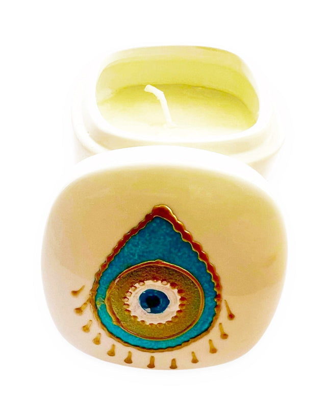 Casa Duniya Ceramic Hand-Painted Evil Eye Candle Holder Pear Shaped Nazar Candle with Lid