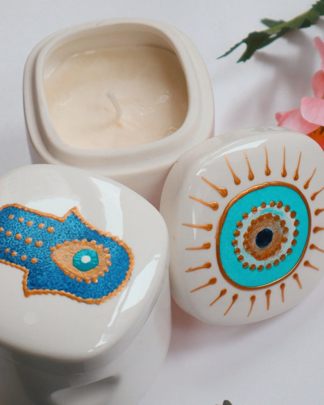 Casa Duniya Ceramic Hand-Painted Evil Eye Candle Holder Pear Shaped Nazar Candle with Lid