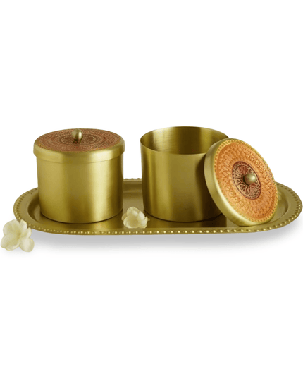 Casa Duniya Decorative Brass Jar Kabir Brass Jars - Set of 2 with Tray