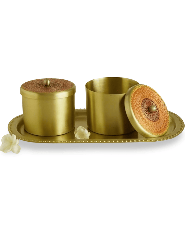 Casa Duniya Decorative Brass Jar Kabir Brass Jars - Set of 2 with Tray