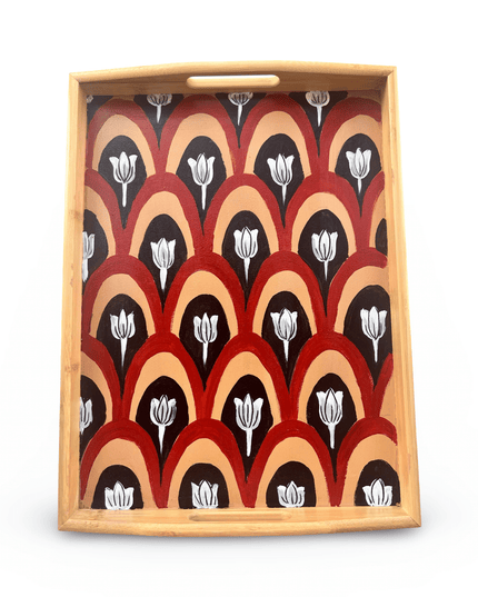 Casa Duniya Hand-Painted Decorative Wooden Tray Medium Burgundy Floral Tray