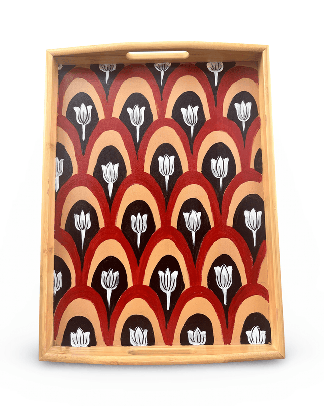 Casa Duniya Hand-Painted Decorative Wooden Tray Medium Burgundy Floral Tray