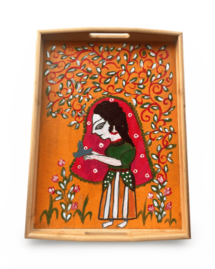 Casa Duniya Hand-Painted Decorative Wooden Tray Medium Indian Girl Tray