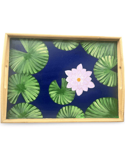 Casa Duniya Hand-Painted Decorative Wooden Tray Medium Pink Water Lily Tray