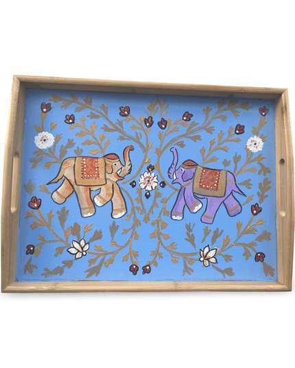 Casa Duniya Hand-Painted Decorative Wooden Tray Medium Turquoise Elephant Tray