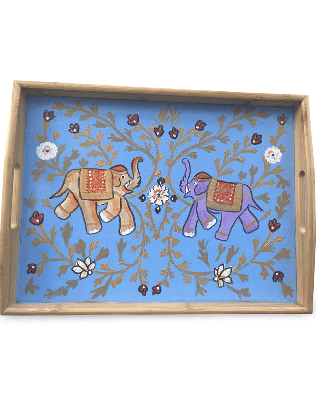 Casa Duniya Hand-Painted Decorative Wooden Tray Medium Turquoise Elephant Tray