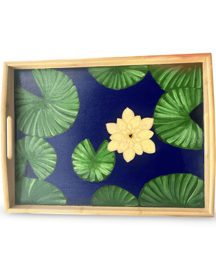 Casa Duniya Hand-Painted Decorative Wooden Tray Medium Yellow Water Lily Tray