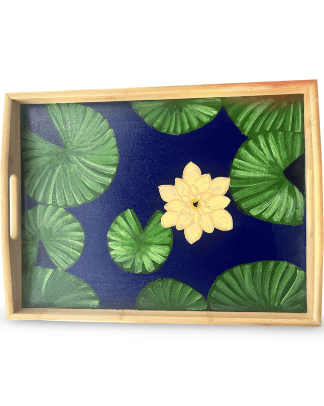 Casa Duniya Hand-Painted Decorative Wooden Tray Medium Yellow Water Lily Tray