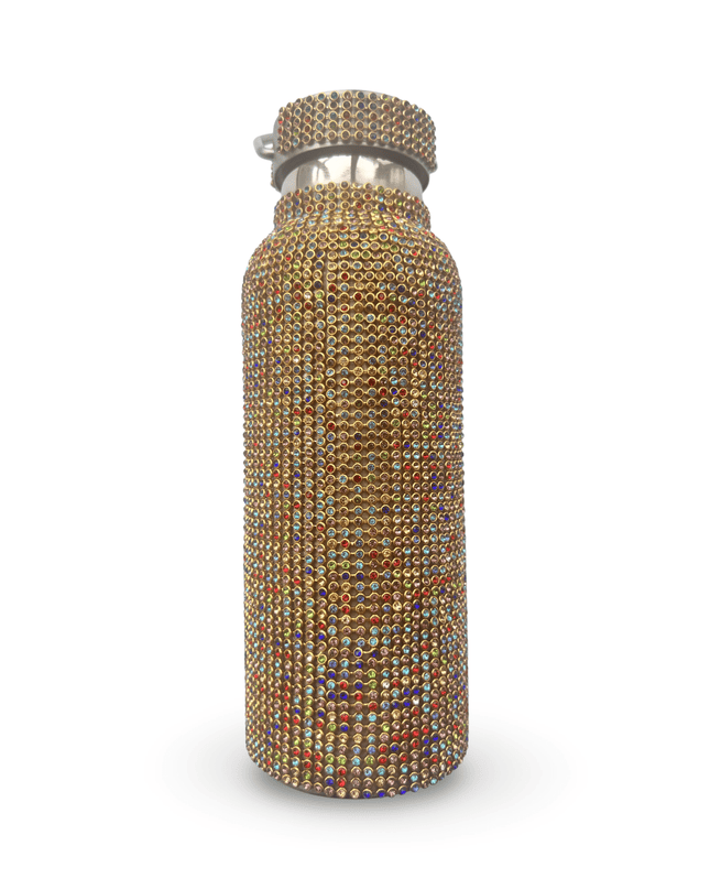 Casa Duniya Embellished Crystal Water Bottle Gold Rainbow Rhinestone Water Bottle