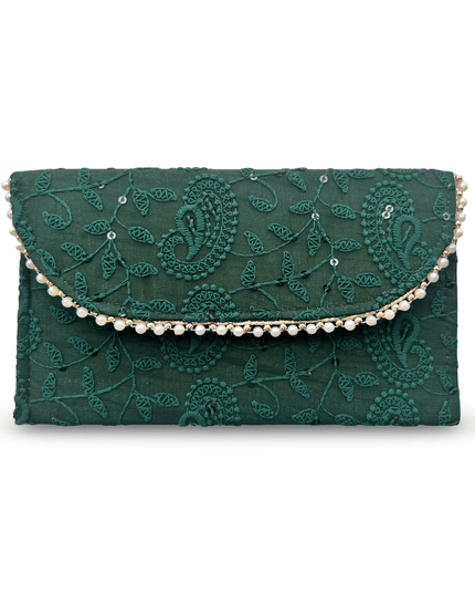 Casa Duniya Embroidered Linen Pouch Green Linen Pouch with Floral Embroidery