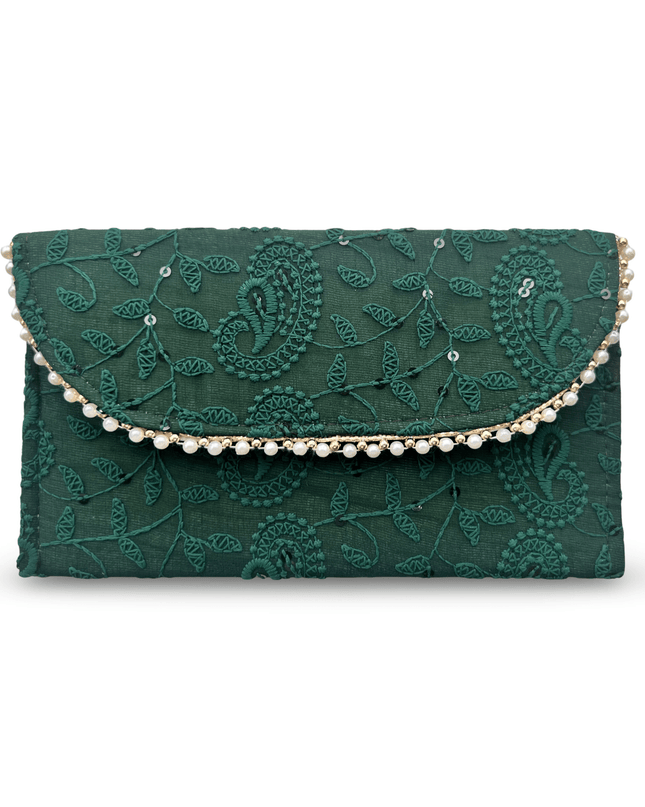 Casa Duniya Embroidered Linen Pouch Green Linen Pouch with Floral Embroidery
