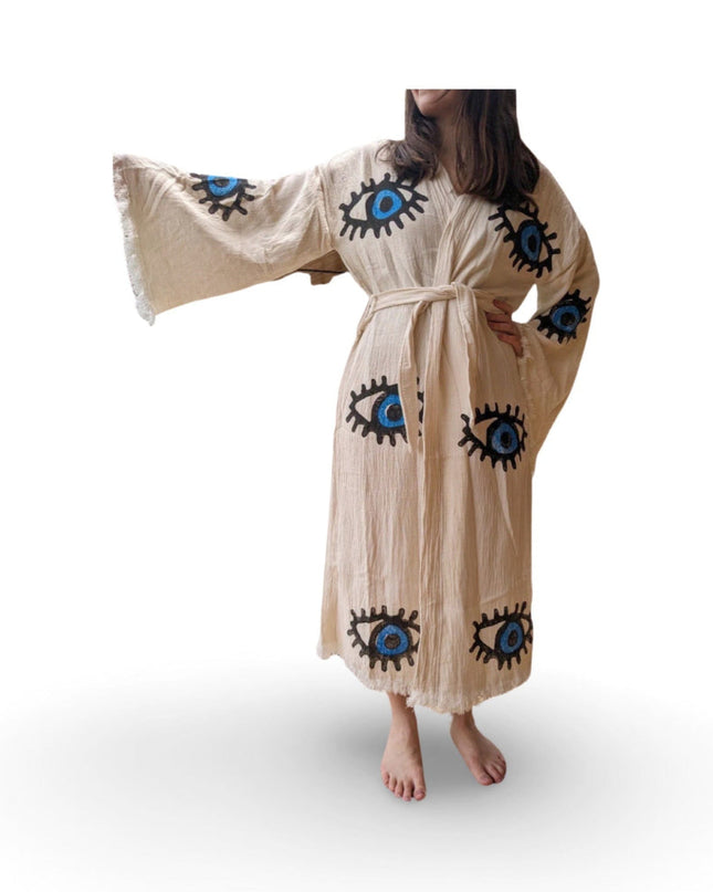 Casa Duniya Evil Eye Cotton Beach Cover-Ups Blue Evil Eye Awali Kimono