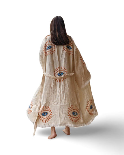 Casa Duniya Evil Eye Cotton Beach Cover-Ups Brick Evil Eye Awali Kimono