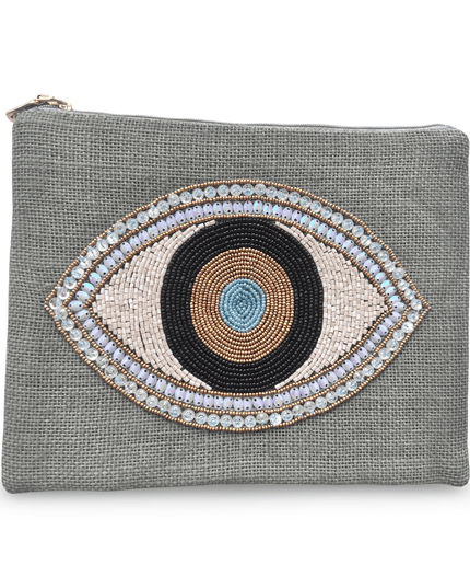 Casa Duniya Evil Eye Embroidered Cosmetic & Toiletry Bags Gray Manika Pouches
