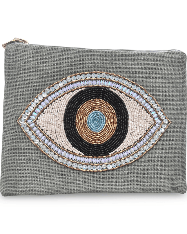 Casa Duniya Evil Eye Embroidered Cosmetic & Toiletry Bags Gray Manika Pouches