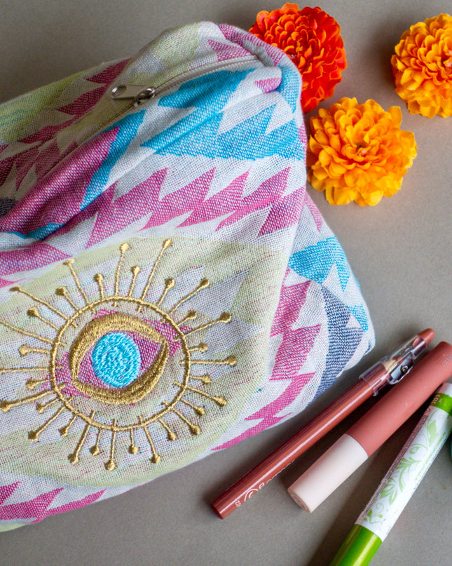 Casa Duniya Evil Eye Embroidered Cosmetic & Toiletry Bags Multi-Colored Ohana Cosmetic Pouch