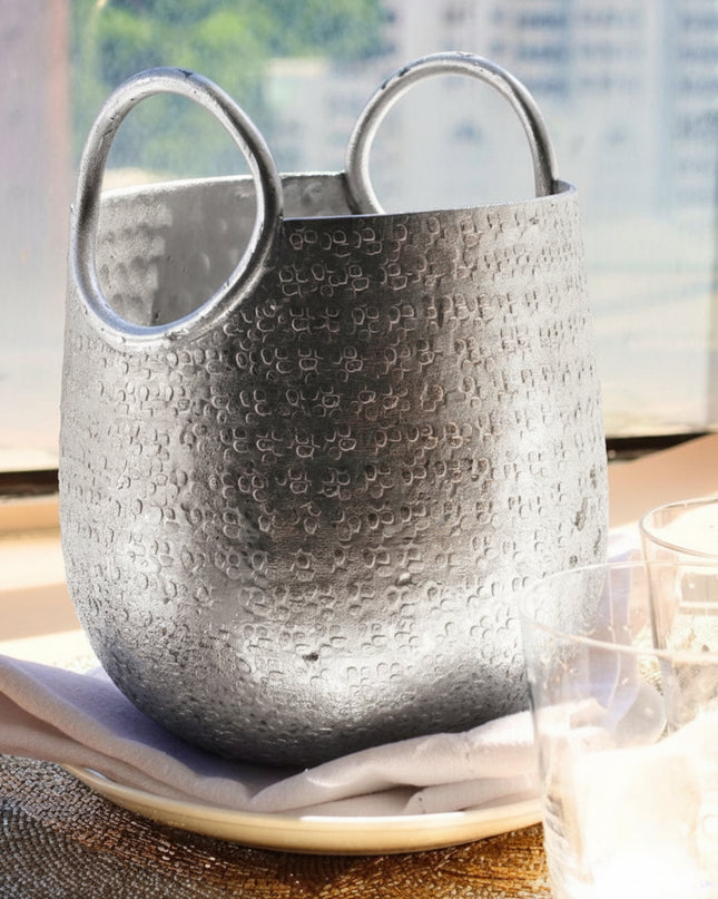 Casa Duniya Hammered Silver Ice Bucket Chameli Ice Bucket with Handles
