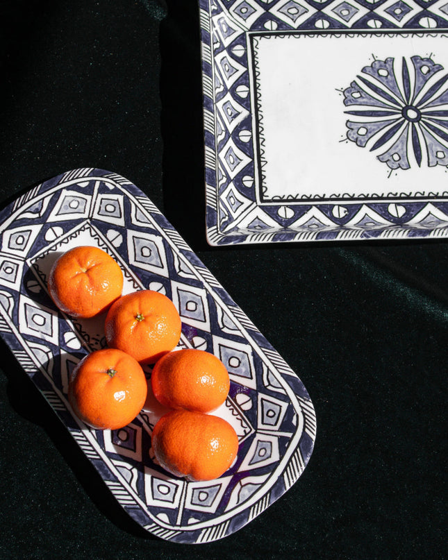 Casa Duniya Hand-Painted Ceramic Serving Plate Akleja Long Rectangular Plate