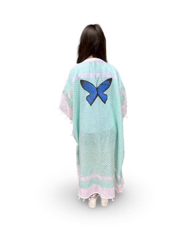 Casa Duniya Hand-Painted Cotton Beach Cover-Ups Aqua with Blue Butterfly Tyre Kaftans