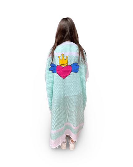 Casa Duniya Hand-Painted Cotton Beach Cover-Ups Aqua with Pink Heart Tyre Kaftans
