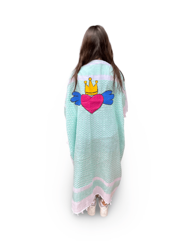 Casa Duniya Hand-Painted Cotton Beach Cover-Ups Aqua with Pink Heart Tyre Kaftans