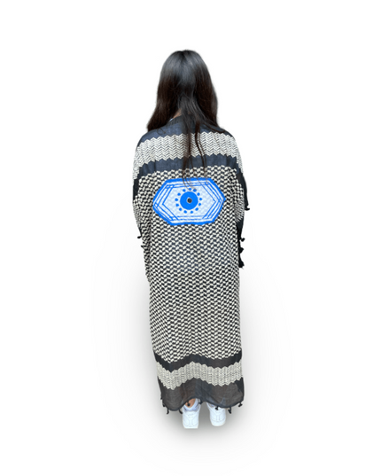 Casa Duniya Hand-Painted Cotton Beach Cover-Ups Black and White with Blue Hexagon Evil Eye Tyre Kaftans