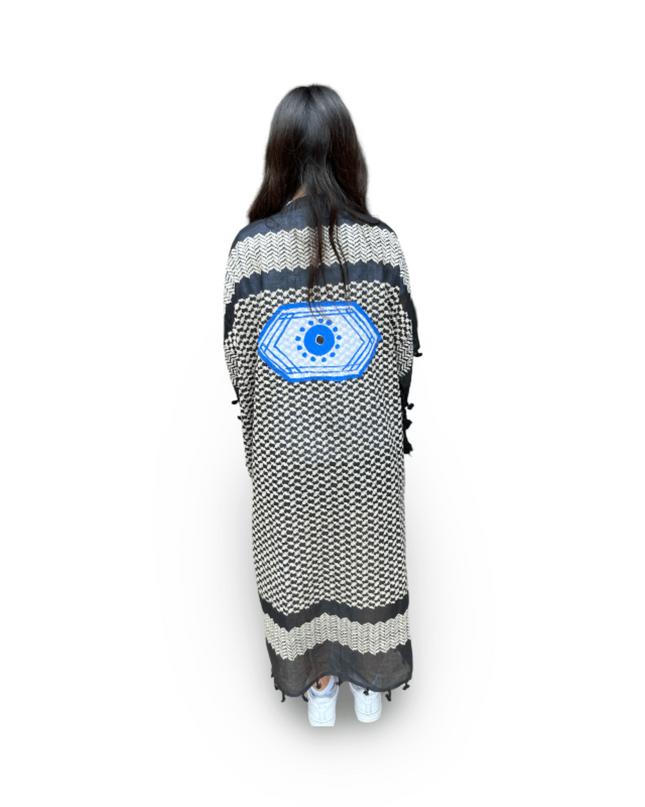 Casa Duniya Hand-Painted Cotton Beach Cover-Ups Black and White with Blue Hexagon Evil Eye Tyre Kaftans