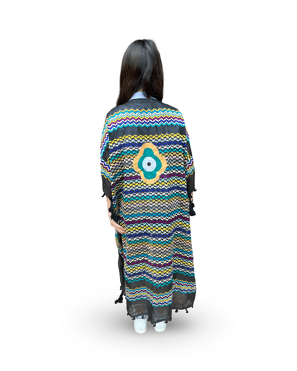 Casa Duniya Hand-Painted Cotton Beach Cover-Ups Black Multi-Colored with Clover Evil Eye Tyre Kaftans
