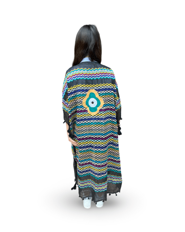 Casa Duniya Hand-Painted Cotton Beach Cover-Ups Black Multi-Colored with Clover Evil Eye Tyre Kaftans