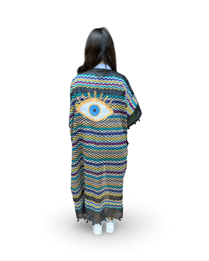 Casa Duniya Hand-Painted Cotton Beach Cover-Ups Black Multicolored with Evil Eye Tyre Kaftans