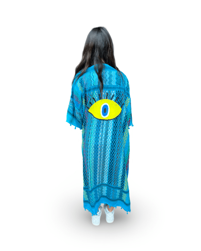 Casa Duniya Hand-Painted Cotton Beach Cover-Ups Blue Multi-Colored with Evil Eye Tyre Kaftans