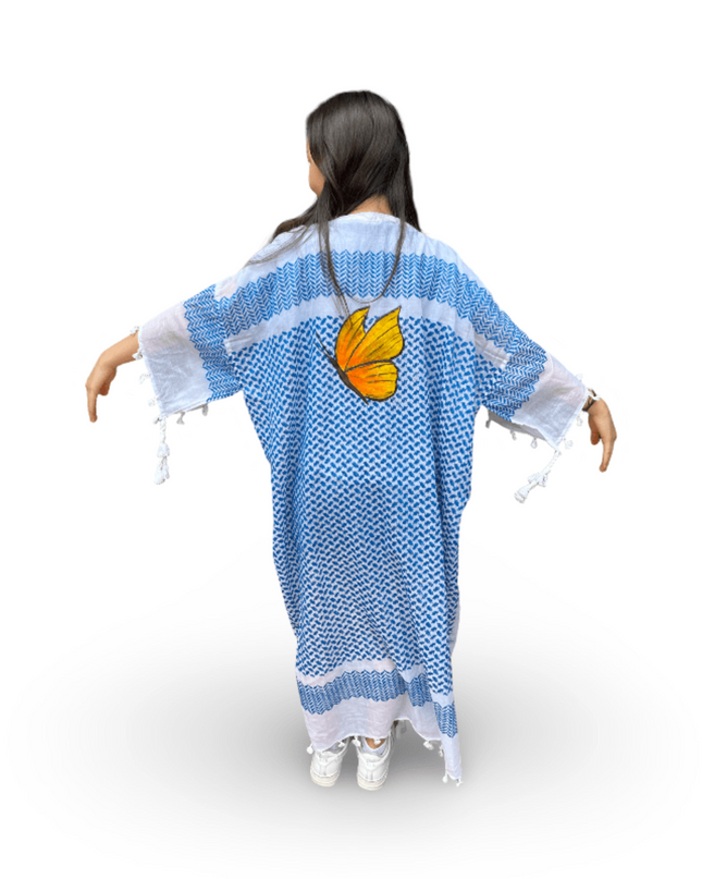 Casa Duniya Hand-Painted Cotton Beach Cover-Ups Blue with Orange Butterfly Tyre Kaftans