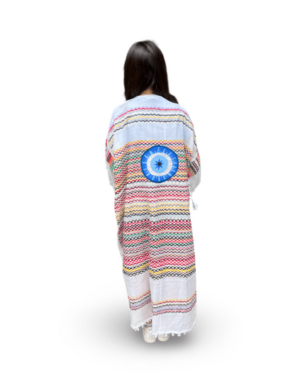 Casa Duniya Hand-Painted Cotton Beach Cover-Ups White Multi-Colored with Blue Sun Evil Eye Tyre Kaftans