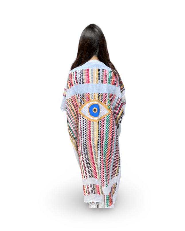 Casa Duniya Hand-Painted Cotton Beach Cover-Ups White Multi-Colored with Evil Eye Tyre Kaftans