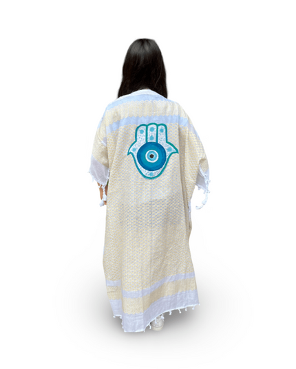 Casa Duniya Hand-Painted Cotton Beach Cover-Ups Yellow with Turquoise Hamsa Tyre Kaftans