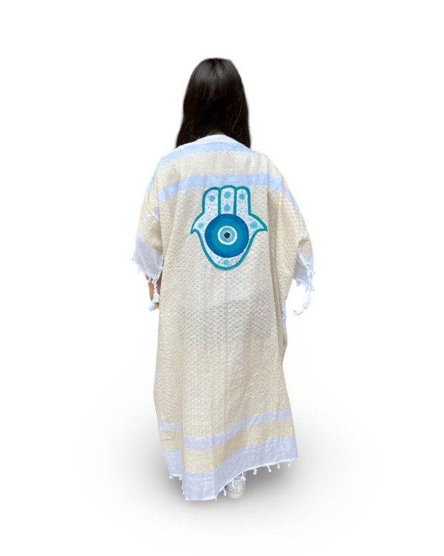 Casa Duniya Hand-Painted Cotton Beach Cover-Ups Yellow with Turquoise Hamsa Tyre Kaftans