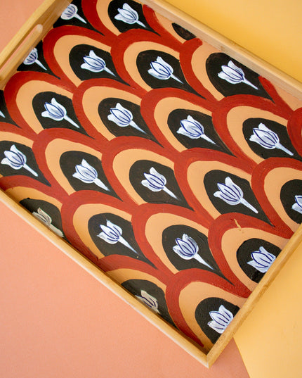 Casa Duniya Hand-Painted Decorative Wooden Tray Burgundy Floral Tray